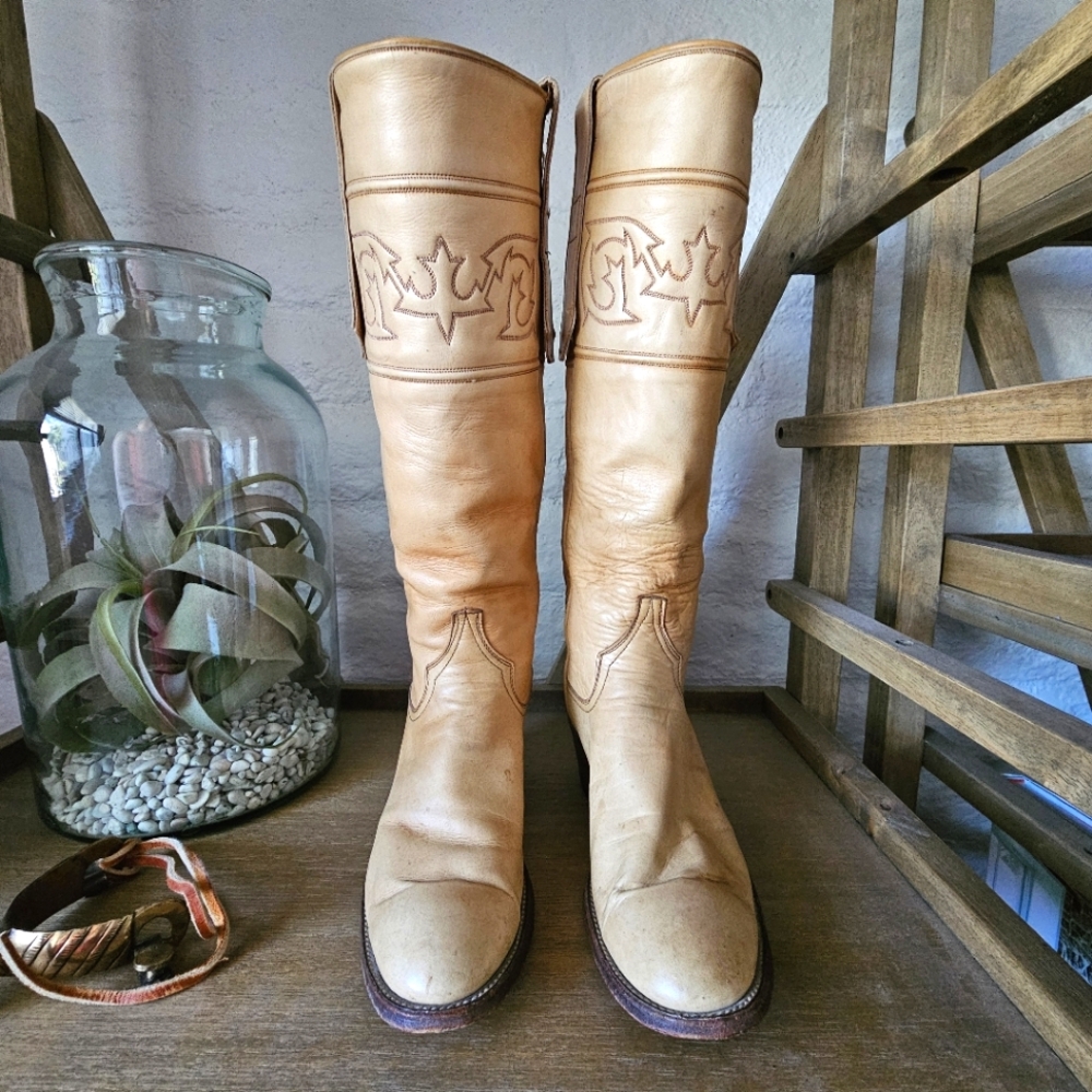 VTG Larry Mahan Tall Leather Western Boots Untouched Patina Made in Texas Sz 7 - Picture 2 of 12